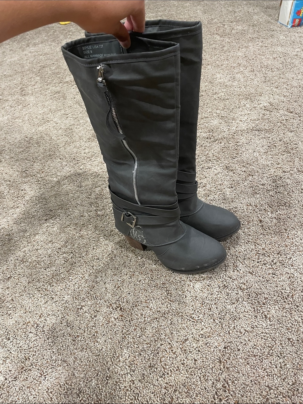 Women’s Tall Buckle Strap Synthetic Knee-High Boots in Dark Gray